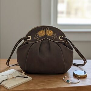 Vintage Tre Zeta Italy Brown Suede Embroidered Drawstring Bucket Bag